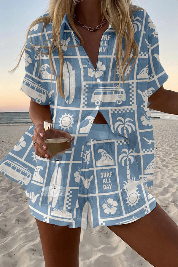 Trenara™ | Short Linen Set with Caravan Print.