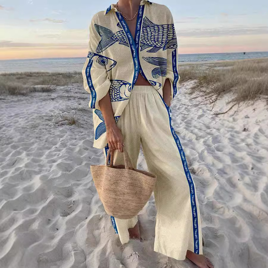 Yazette™ | Blue Fish Print Linen Set.