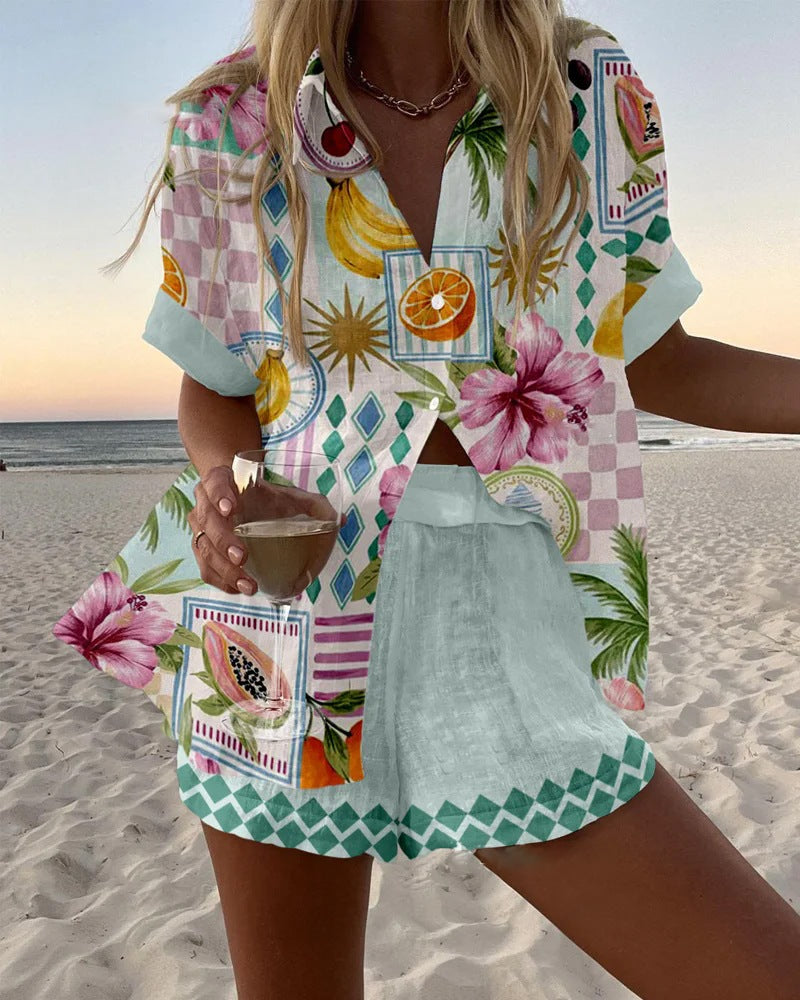 Maevin™ | Short Linen Set with Fruit Print.