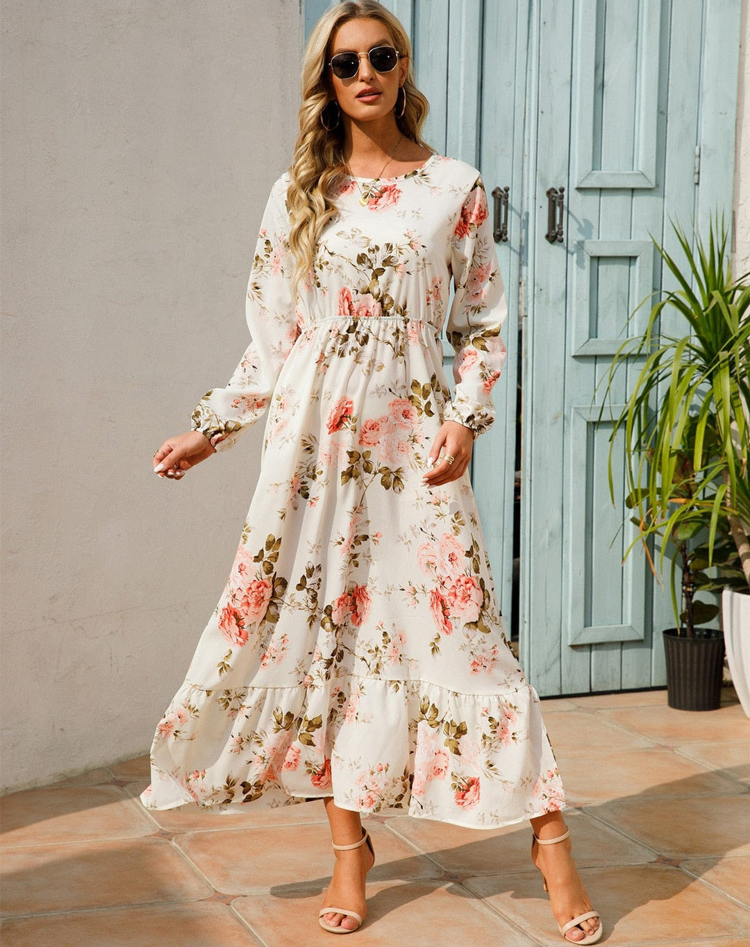 Julia™ White Long Sleeve Maxi Dress with Summer Floral Pattern