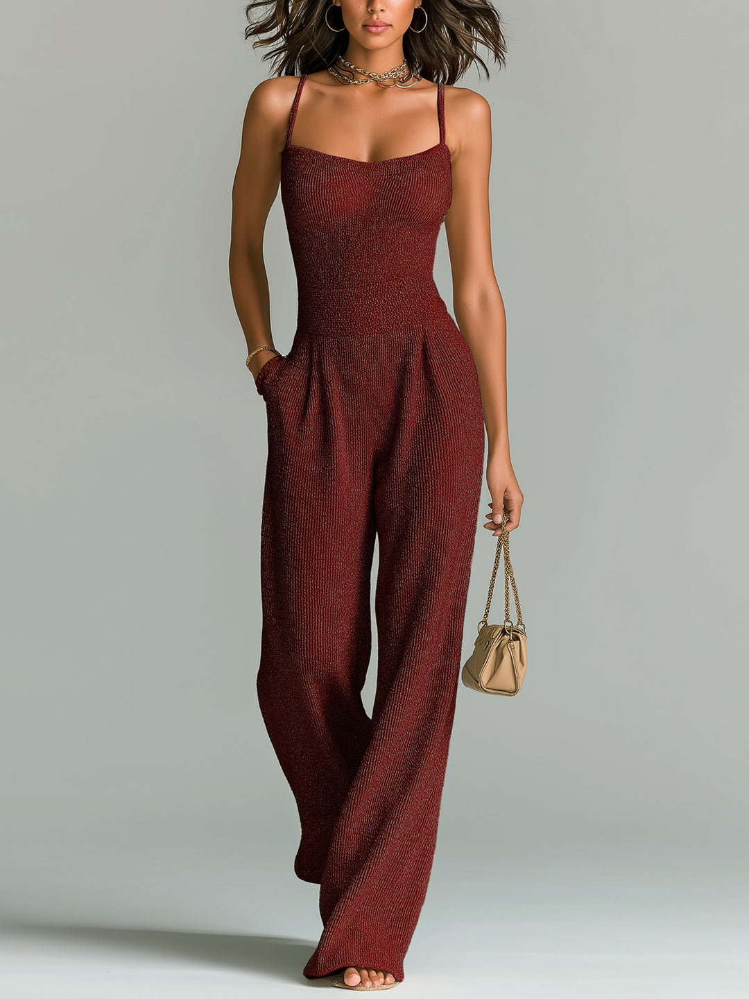 ElevenOra Stylish Camel Strappy Sleeveless Tailored Wide Leg Ribbed Knit Jumpsuit