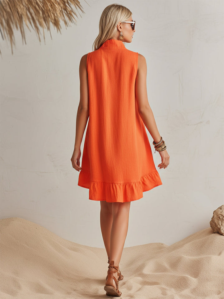 Bright Orange Linen Half-Zip Mini Dress with Ruffled Hem and Stand-Up Collar