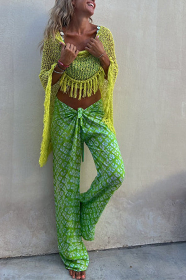 Sunset Breeze Tassel Knit Cover-Up with Hollow-Out Design