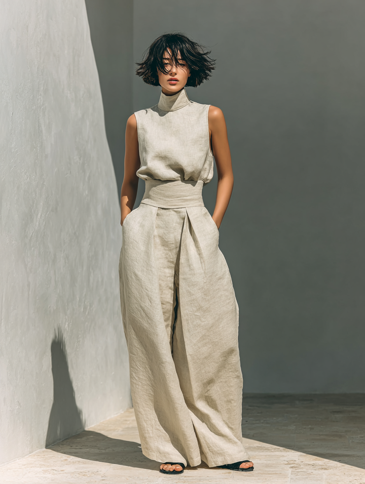 Women's Sleeveless Cotton-Linen Blouse and Wide-Leg Trousers Ensemble