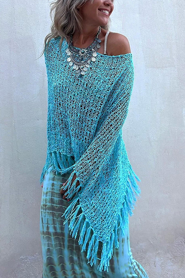 Sunset Breeze Tassel Knit Cover-Up with Hollow-Out Design