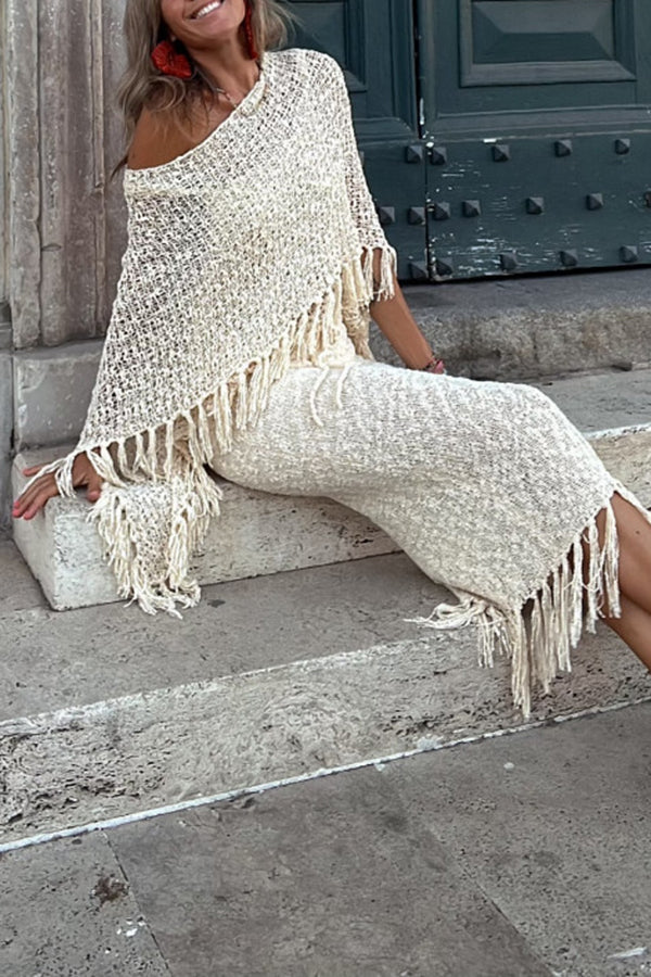 Sunset Breeze Tassel Knit Cover-Up with Hollow-Out Design
