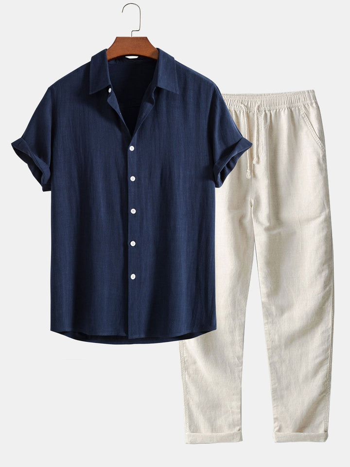 Button-Up Shirt and Straight Leg Trousers in Linen Rayon Blend