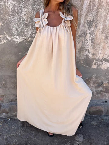 Floral Pattern Women's Dress with U-Shaped Neckline in Solid Color