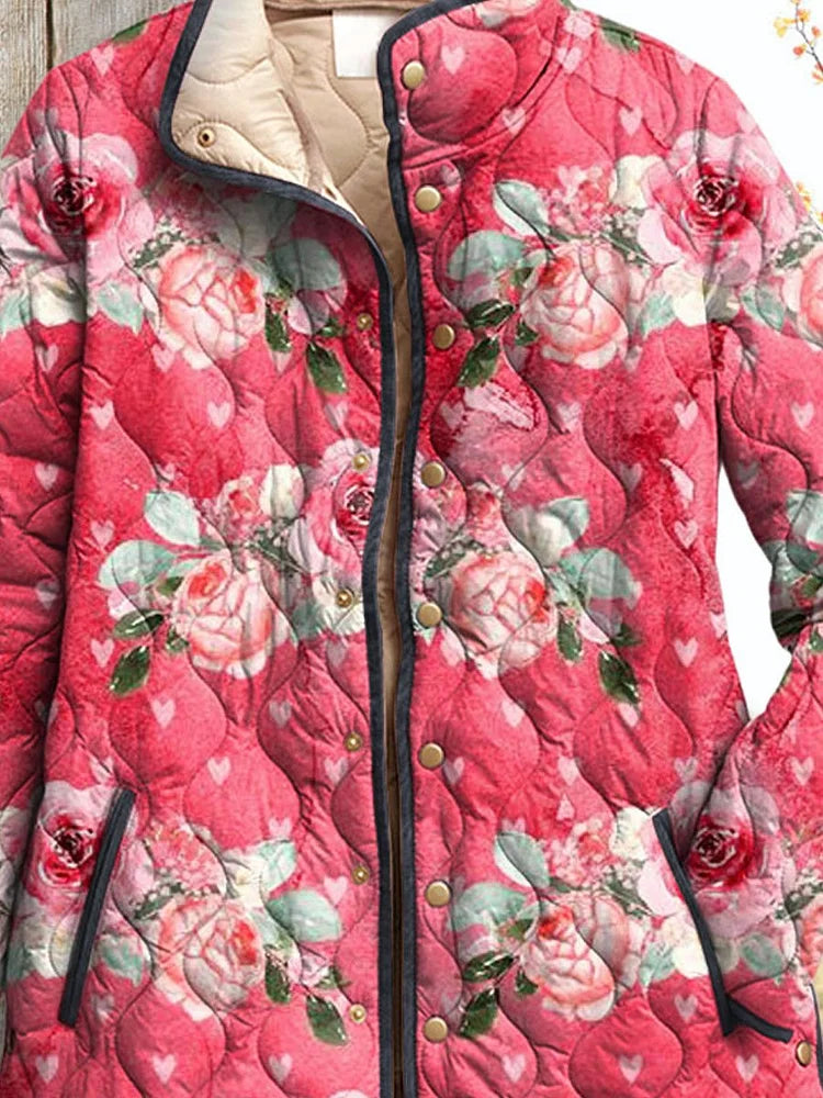 Ladies Charming Pink Floral Art Printed Casual Puffer Jacket