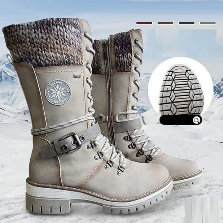 FrostLuxe | Women's Cushioned Buckle Waterproof Knee-Length Lace-Up Boots