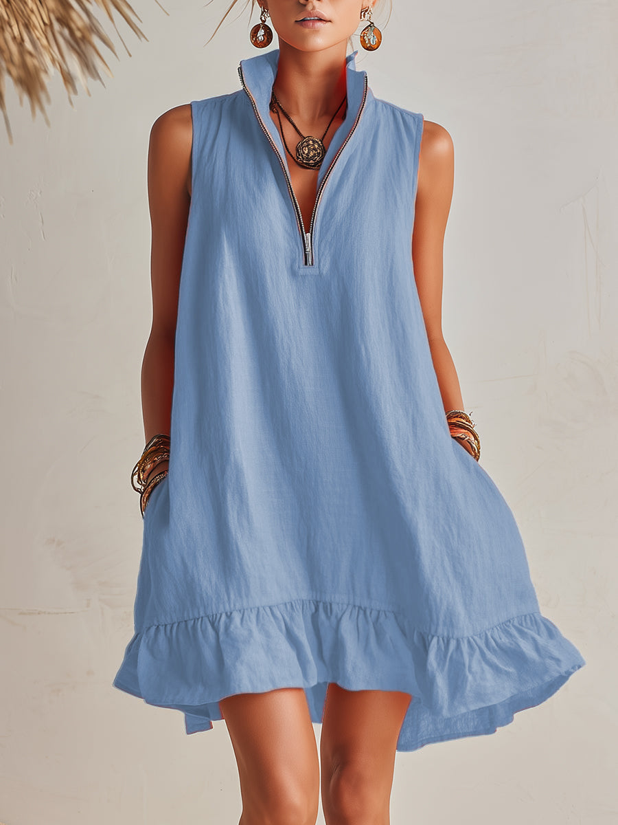 Bright Orange Linen Half-Zip Mini Dress with Ruffled Hem and Stand-Up Collar