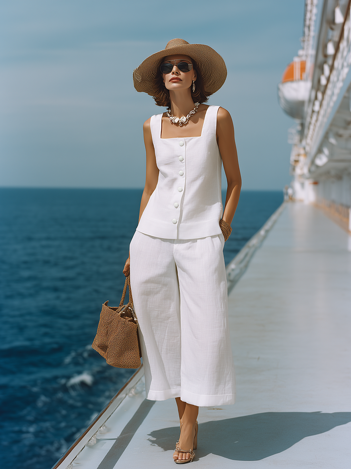 Timeless White Cotton-Linen Square Neck Top with Matching Capri Pants Set