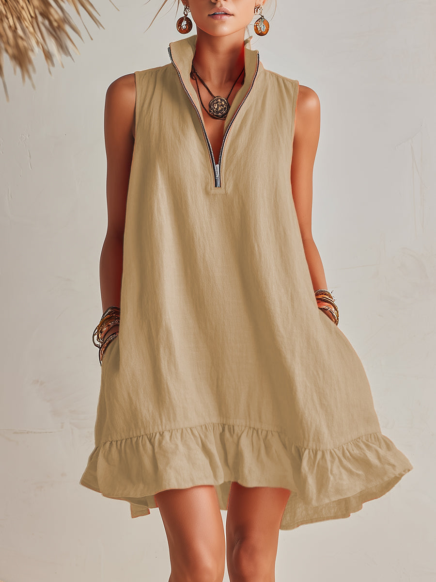 Bright Orange Linen Half-Zip Mini Dress with Ruffled Hem and Stand-Up Collar