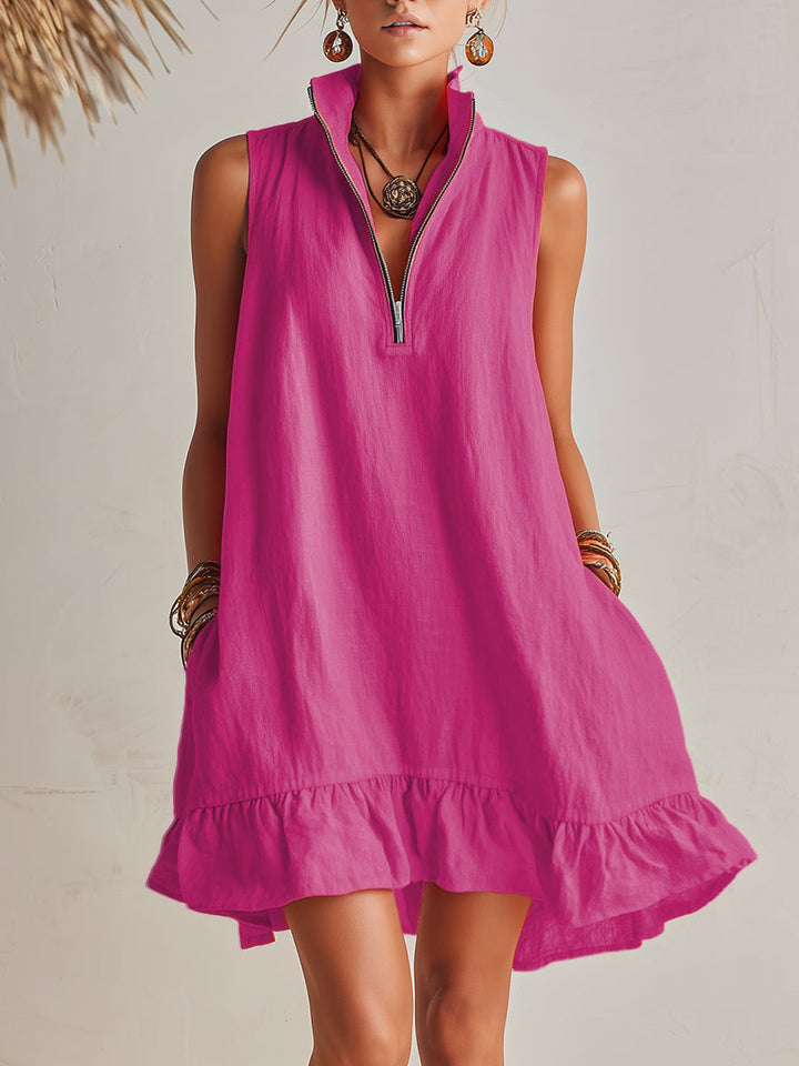 Bright Orange Linen Half-Zip Mini Dress with Ruffled Hem and Stand-Up Collar