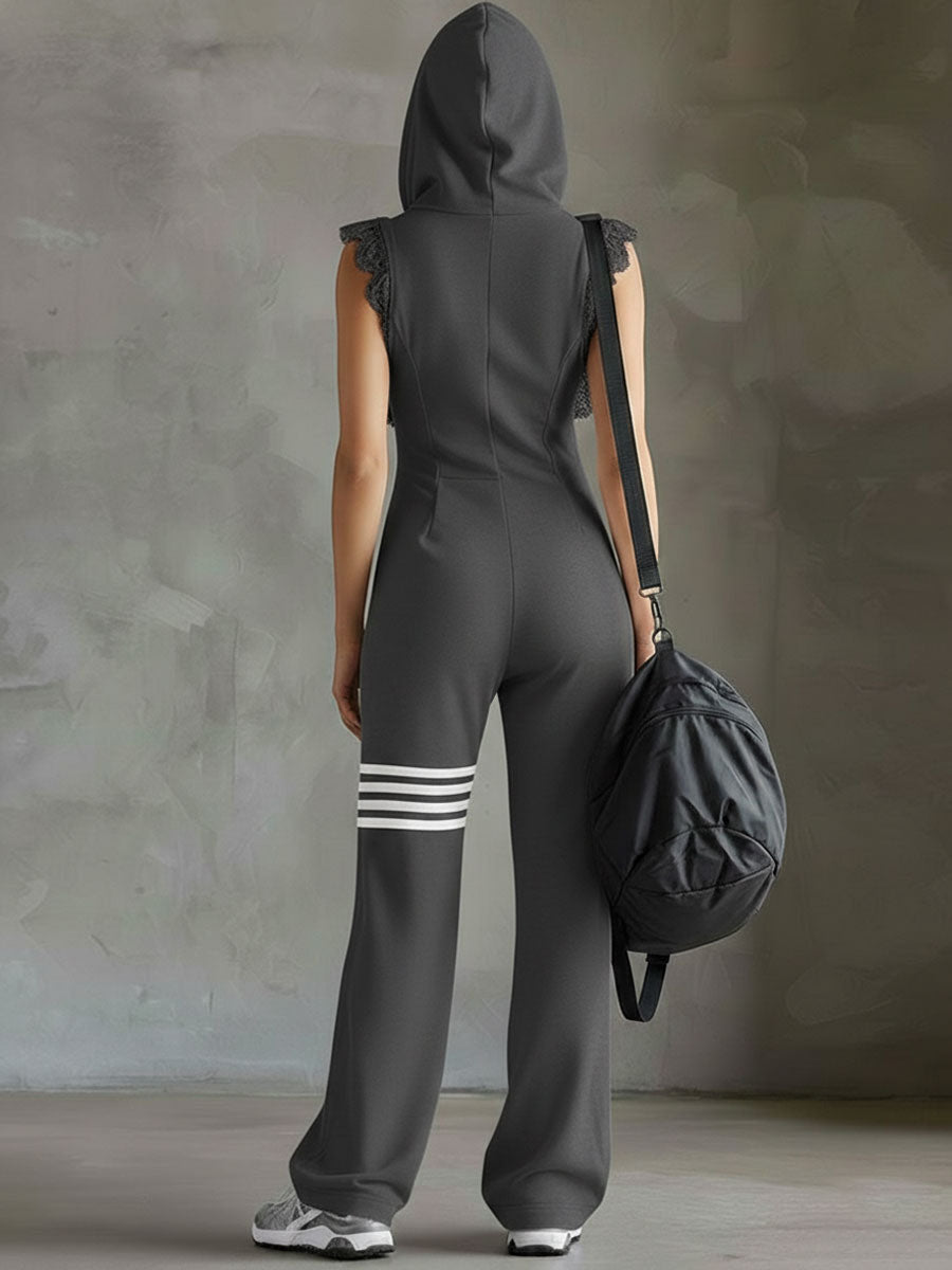 Retro-Inspired Black Sleeveless Hooded Jumpsuit with Sporty Lace Stripes