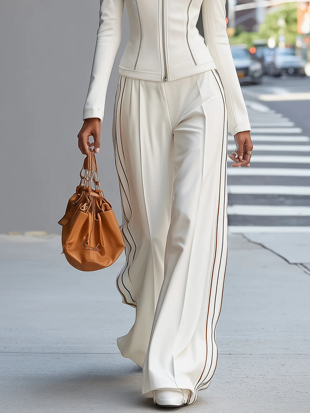White Zip-Up Wide-Leg Pant Set with Stand-Up Collar