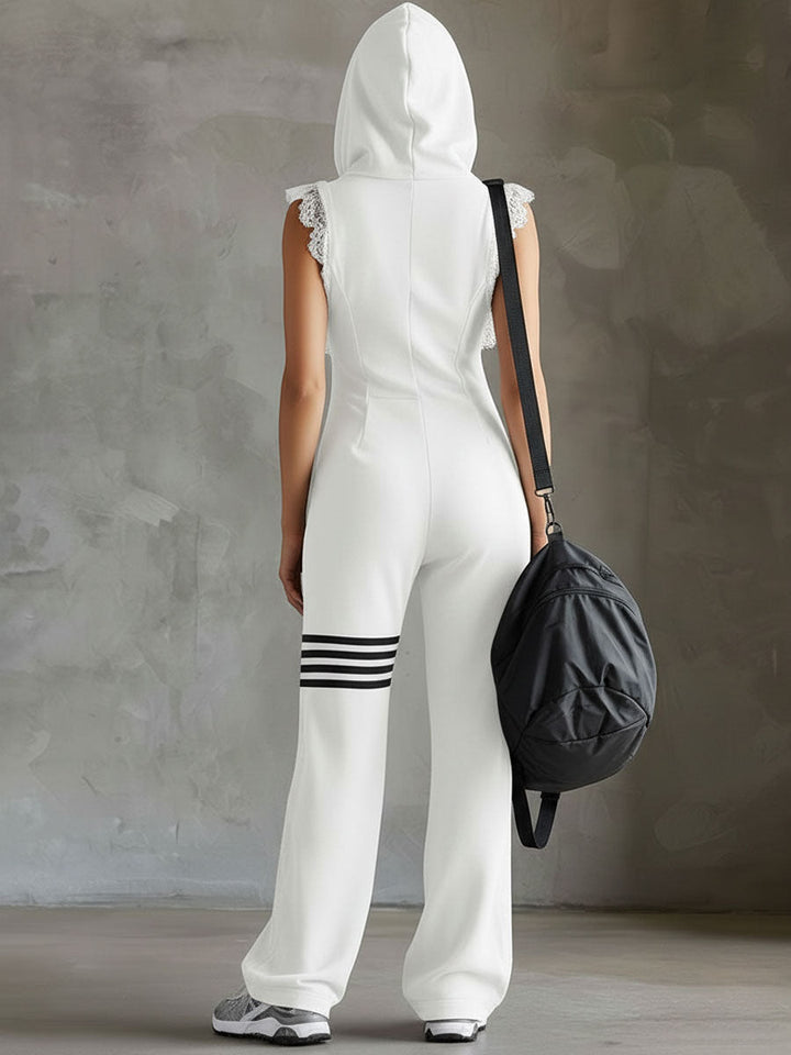 Retro-Inspired Black Sleeveless Hooded Jumpsuit with Sporty Lace Stripes