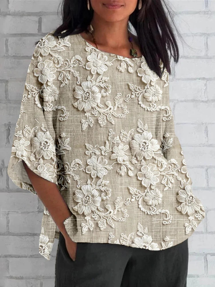 Larissa™ - Vintage Linen and Lace Floral Blouse