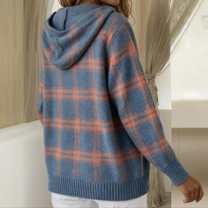 Plaid Blue Button-Up Hoodie Sweater