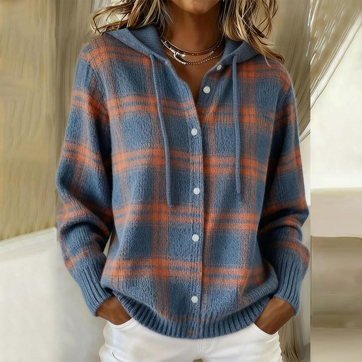 Plaid Blue Button-Up Hoodie Sweater