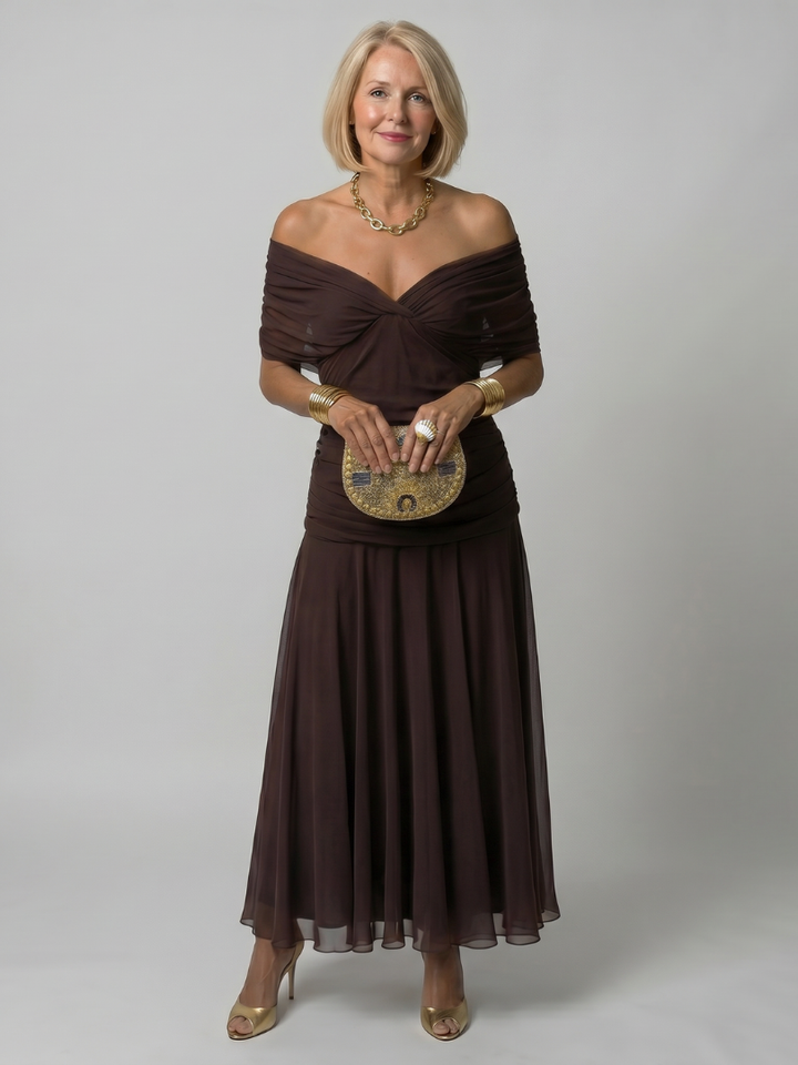 Calen | Elegant Off-Shoulder Midi Dress with Flowing Design