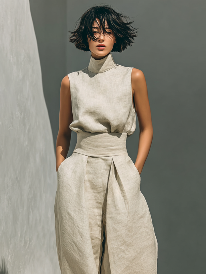 Women's Sleeveless Cotton-Linen Blouse and Wide-Leg Trousers Ensemble
