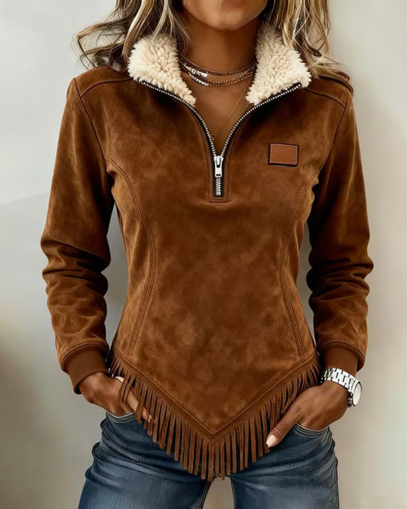 Half-Zip Collar Sweatshirt with Asymmetric Design and Fringe Accents