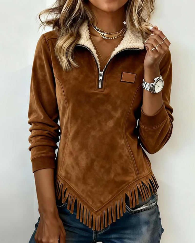 Half-Zip Collar Sweatshirt with Asymmetric Design and Fringe Accents