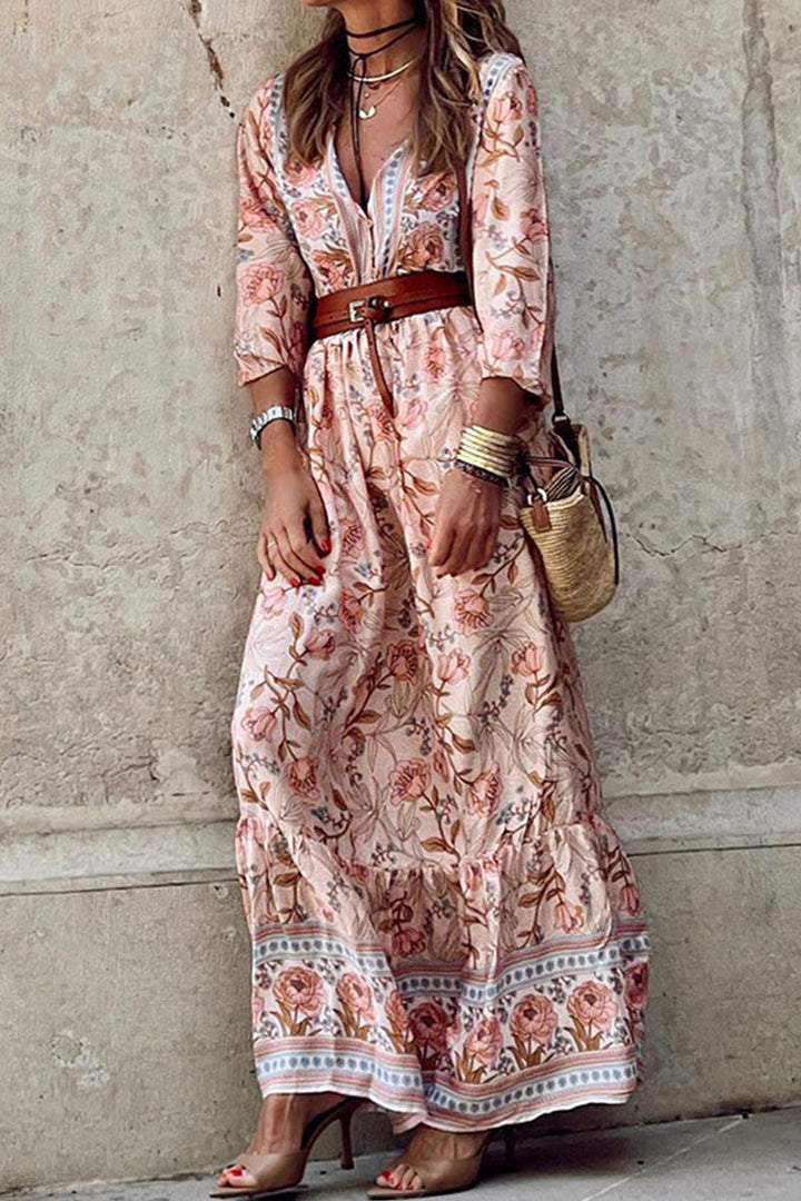 Rocio® | Bohemian Floral V-Neck A-Line Dress with Belt