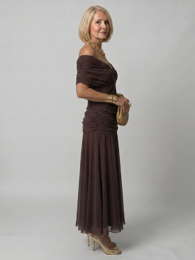 Calen | Elegant Off-Shoulder Midi Dress with Flowing Design