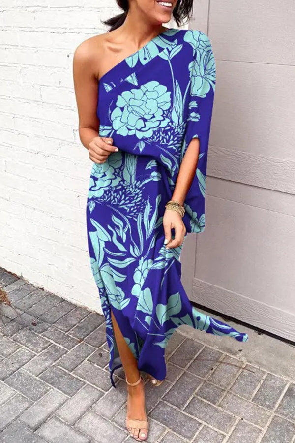 Rosie One-Shoulder Maxi Dress with Printed Design and Split Hem