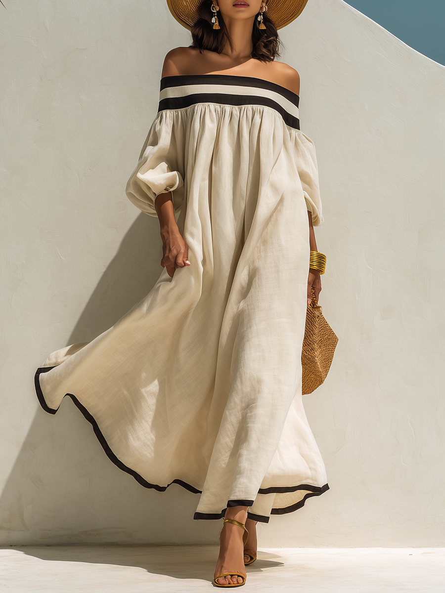 Beige Off-the-Shoulder Maxi Dress with Relaxed Fit and Color-Block Design
