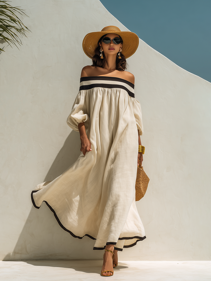 Beige Off-the-Shoulder Maxi Dress with Relaxed Fit and Color-Block Design