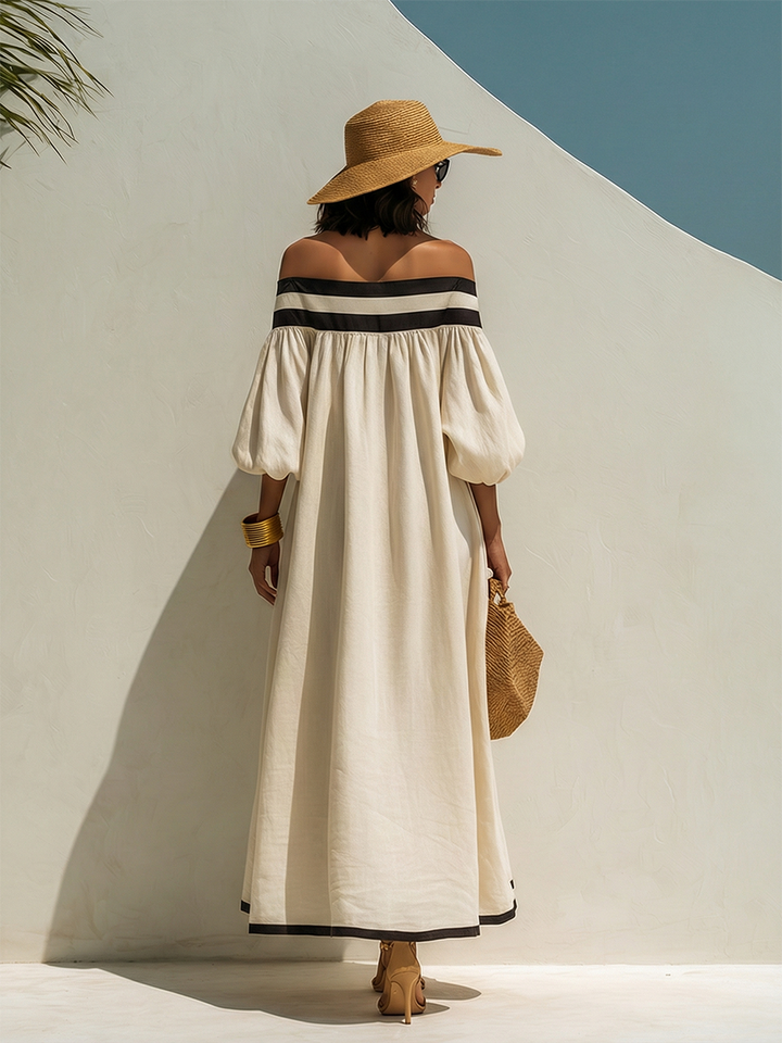 Beige Off-the-Shoulder Maxi Dress with Relaxed Fit and Color-Block Design