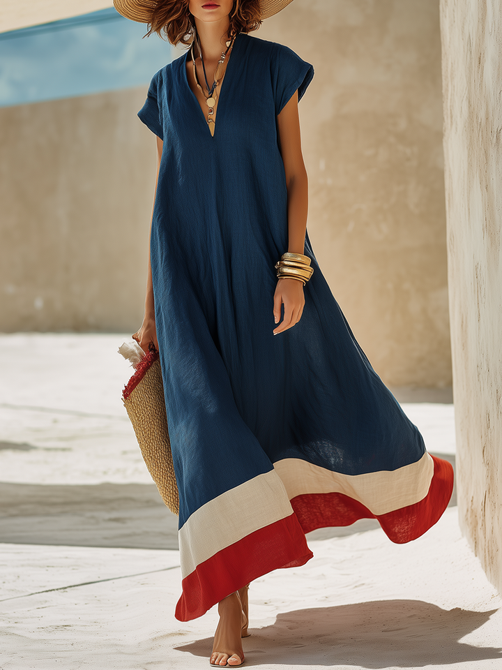 Women's Maxi Dress with V-Neck and Short Sleeves
