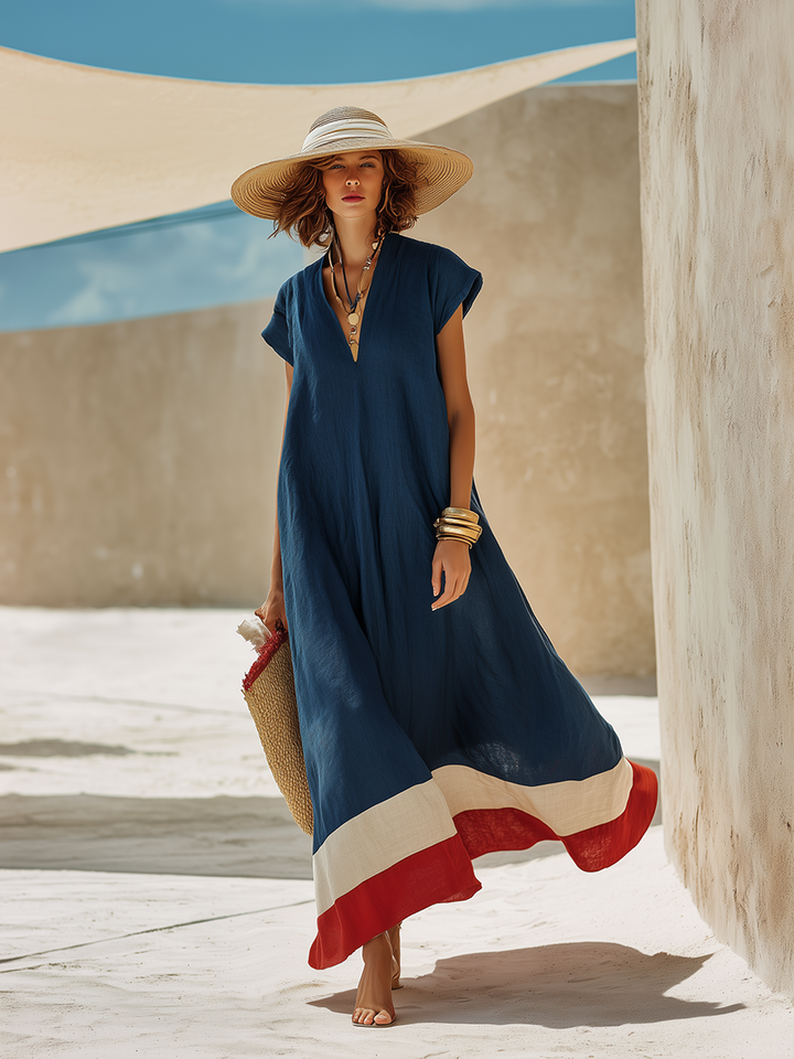 Women's Maxi Dress with V-Neck and Short Sleeves