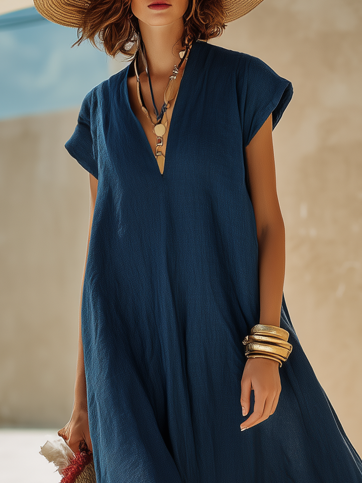 Women's Maxi Dress with V-Neck and Short Sleeves