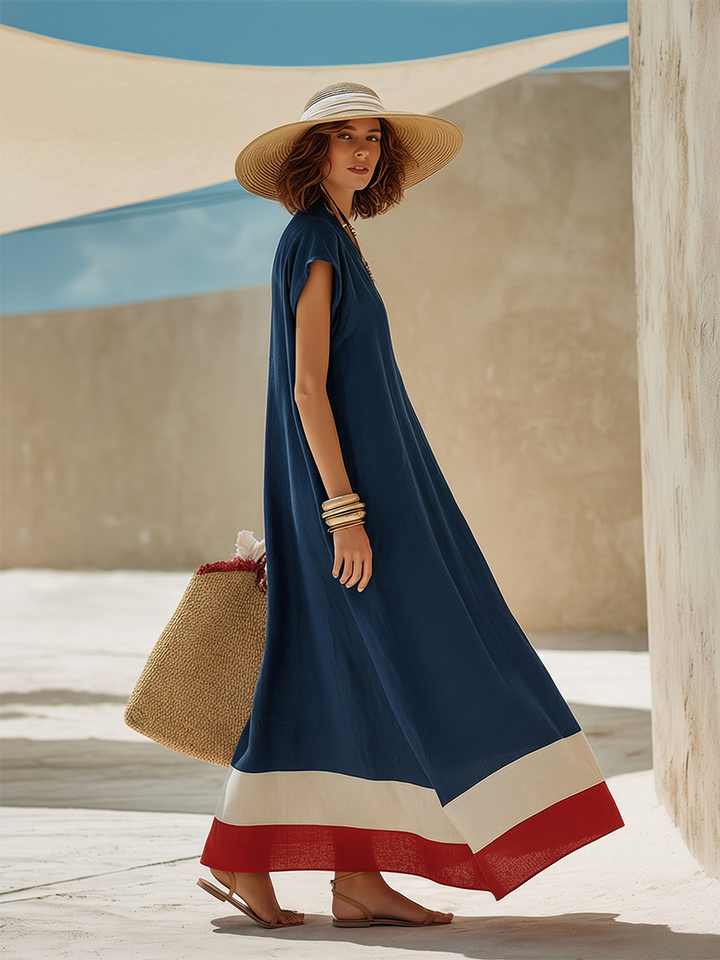 Women's Maxi Dress with V-Neck and Short Sleeves
