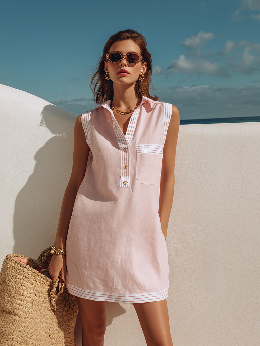 Women's Sleeveless Mini Dress with Pockets and Buttons