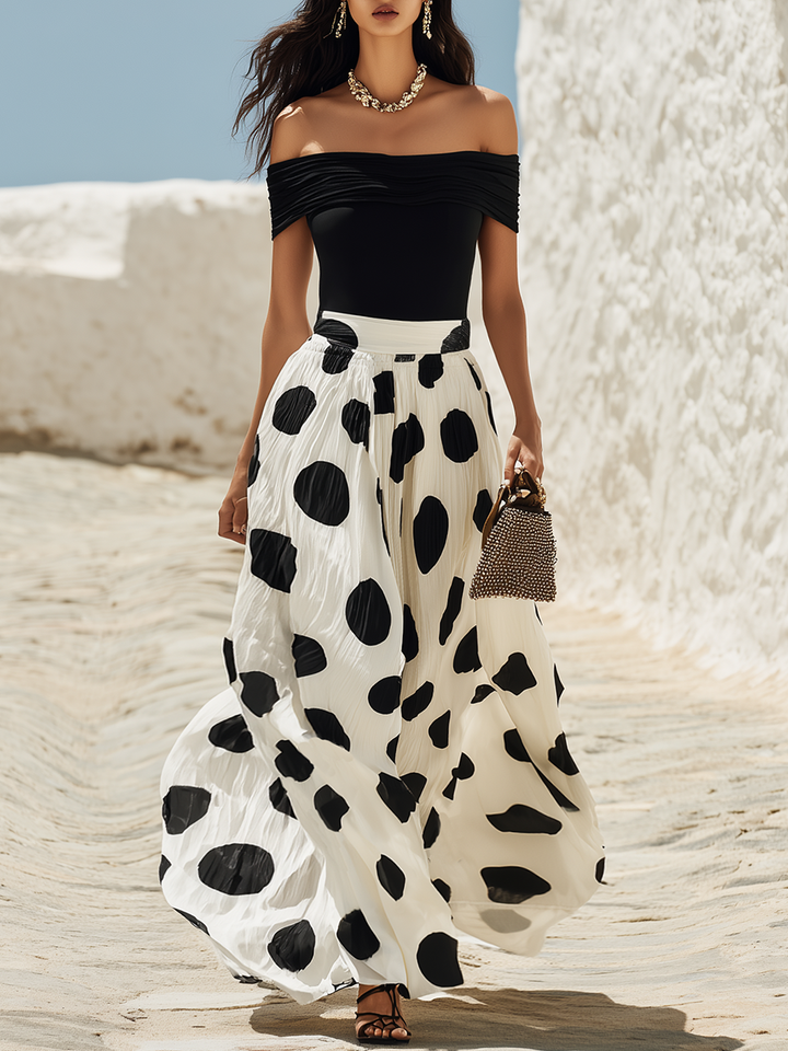 Off-Shoulder Polka Dot Maxi Dress for a Vacation Vibe