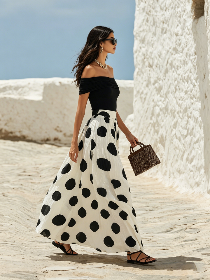 Off-Shoulder Polka Dot Maxi Dress for a Vacation Vibe