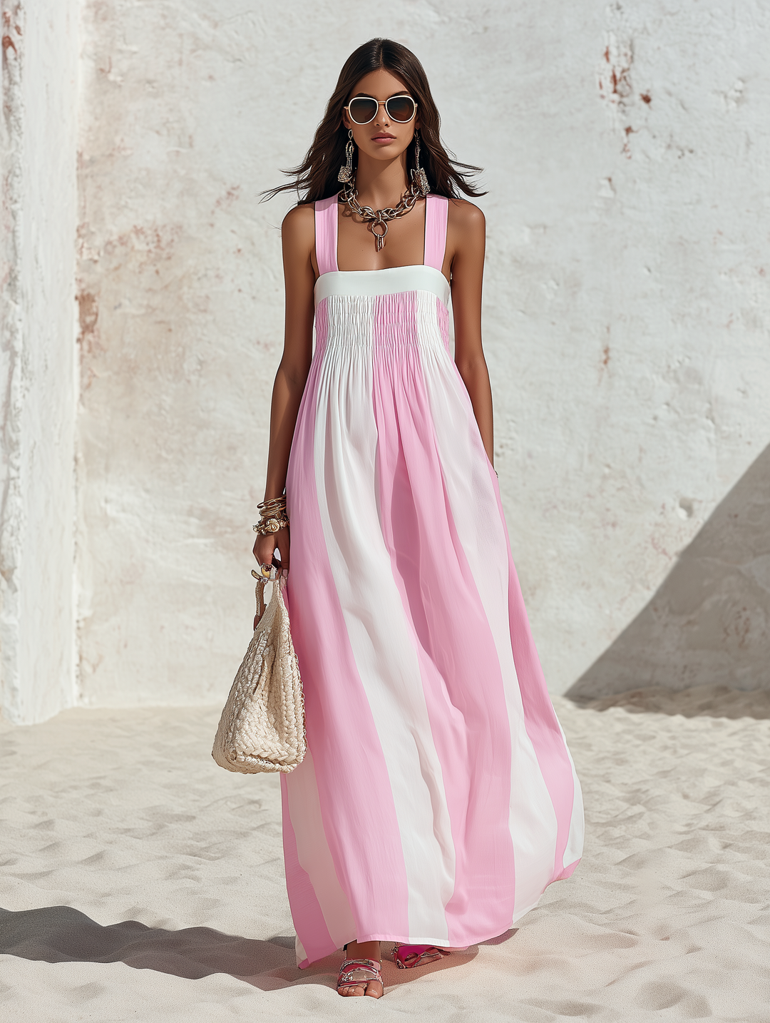 Women's Sleeveless Square Neck Striped Maxi Dress