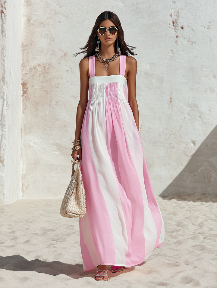 Women's Sleeveless Square Neck Striped Maxi Dress
