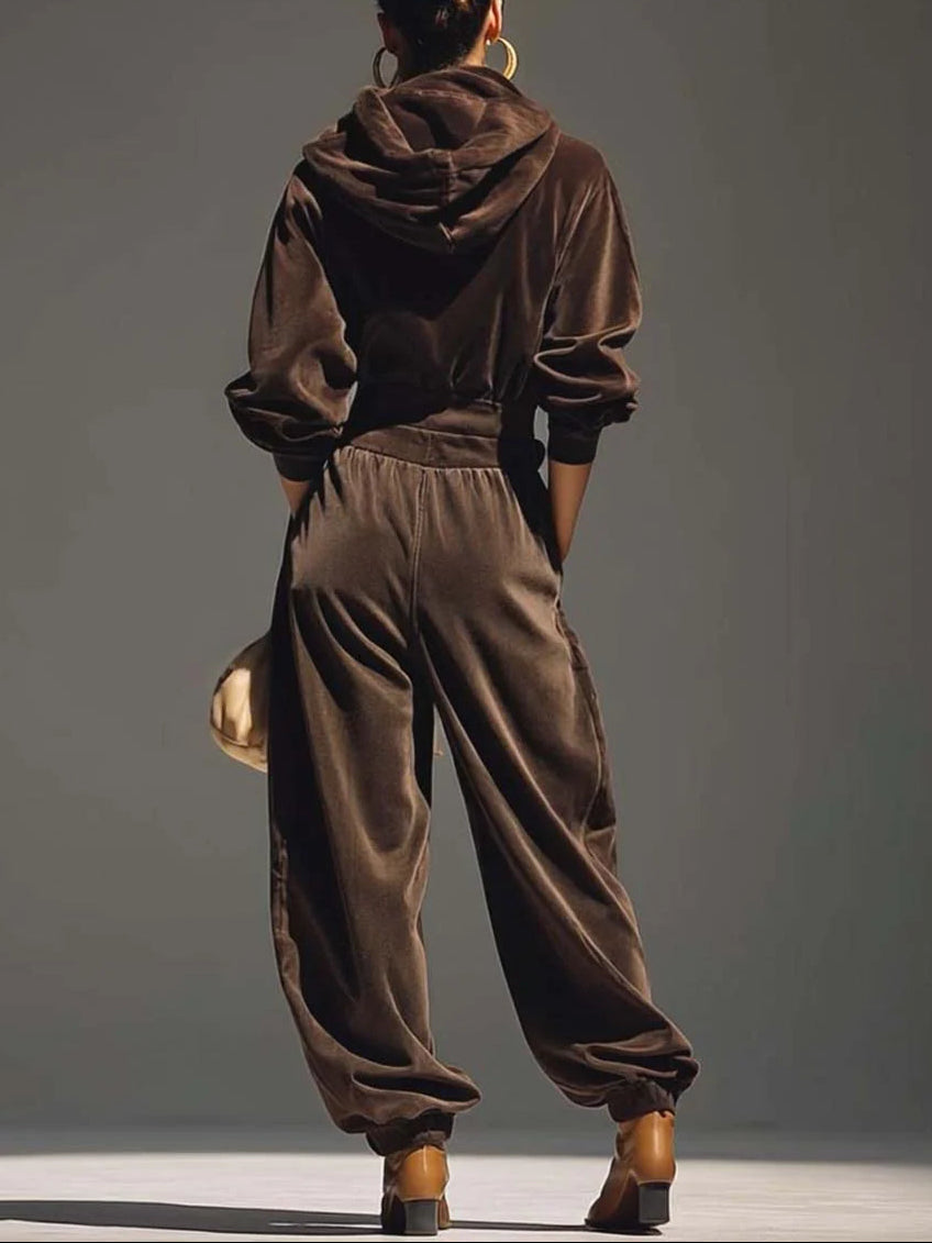 Retro Brown Velvet Hoodie and Relaxed Trousers Set (Belt Included)