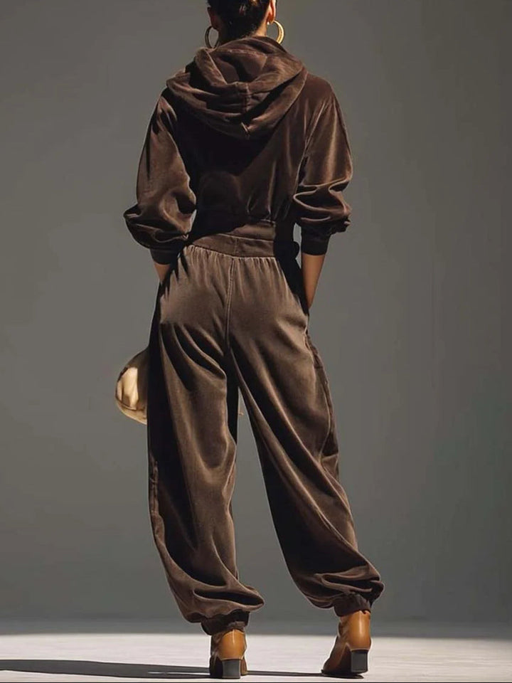 Retro Brown Velvet Hoodie and Relaxed Trousers Set (Belt Included)