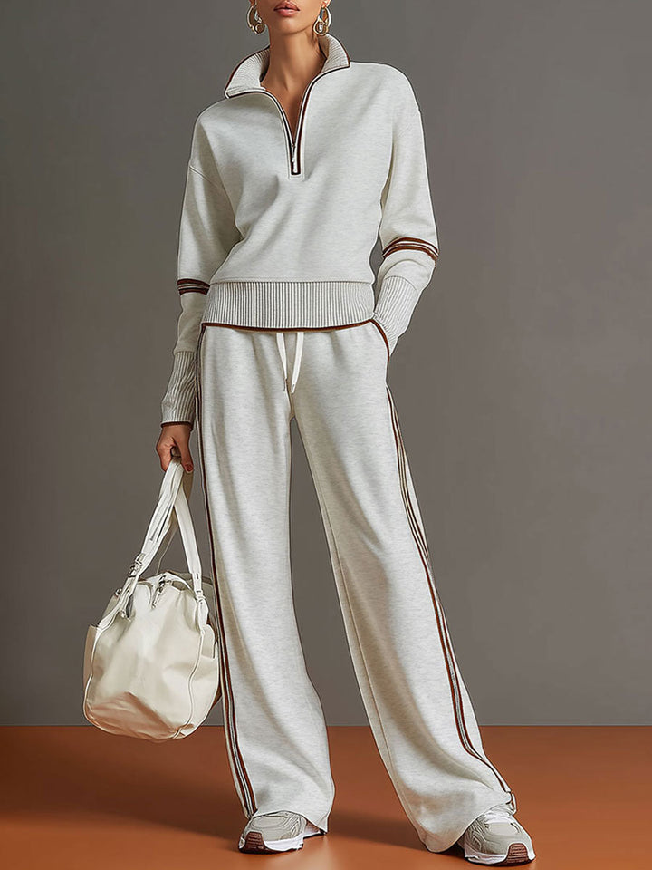Vintage-Inspired Grey and White Half-Zip Sweatshirt with Wide-Leg Trousers Set