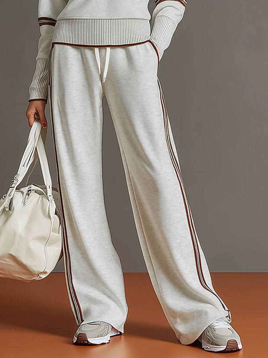 Vintage-Inspired Grey and White Half-Zip Sweatshirt with Wide-Leg Trousers Set