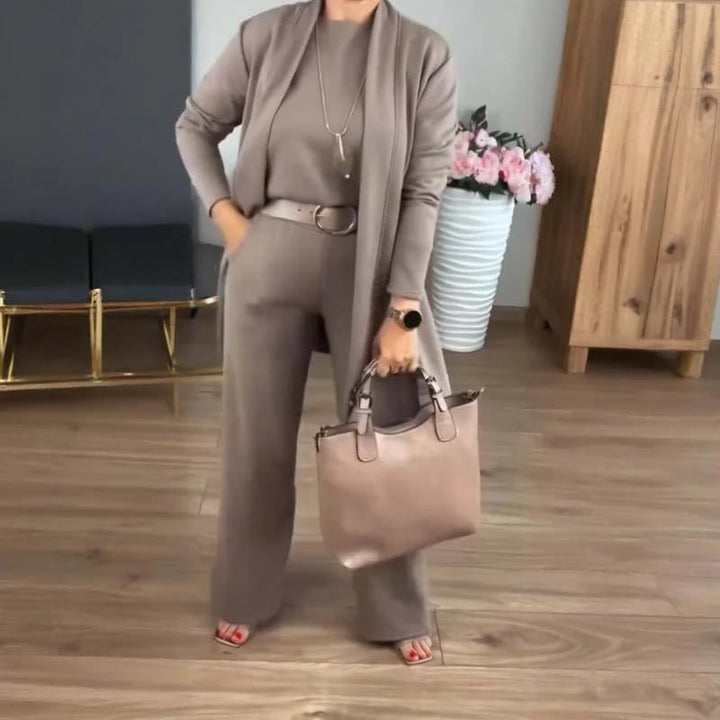 Chic 3-Piece Ensemble: Long Cardigan, Top, and Trousers
