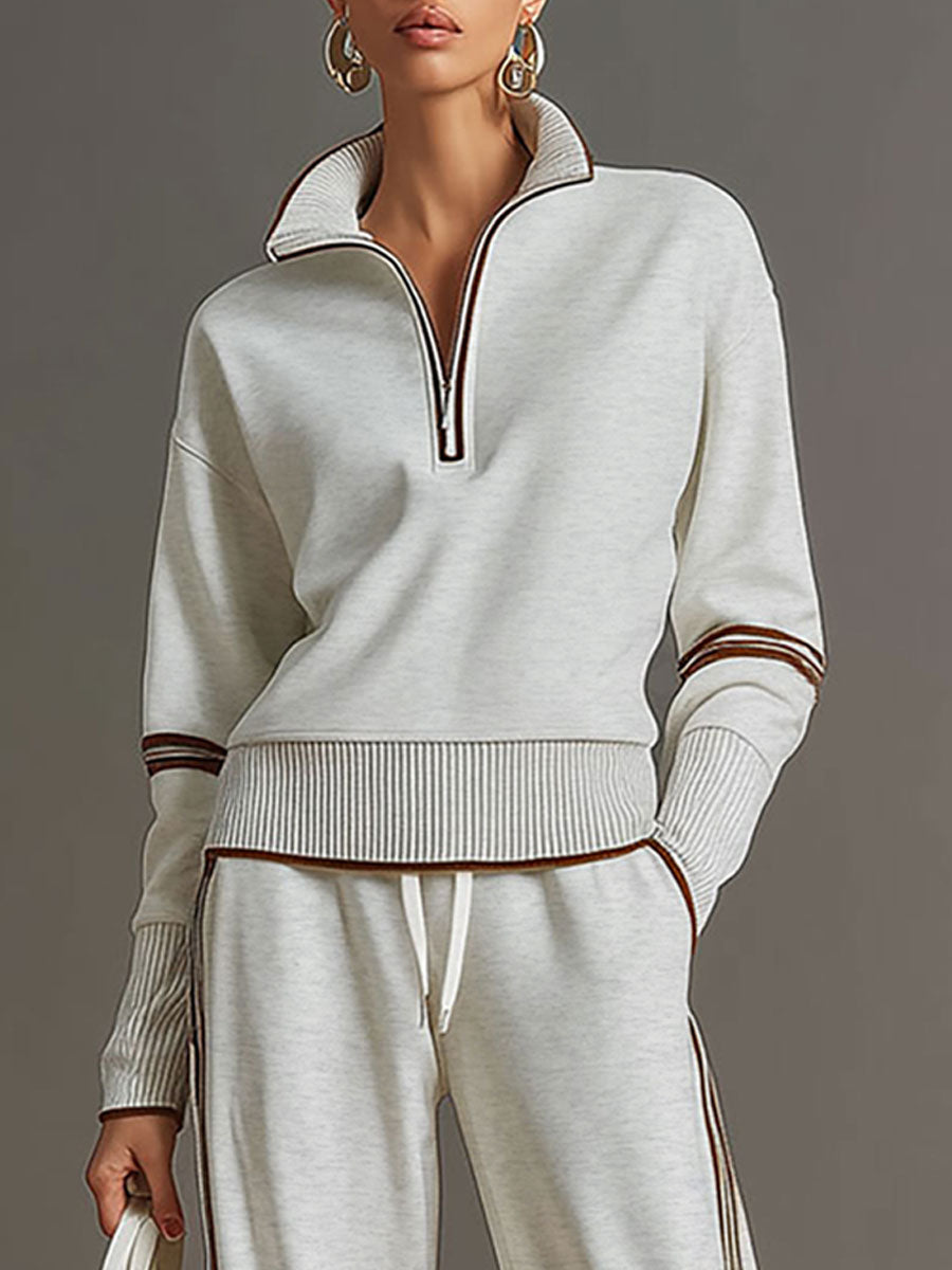 Vintage-Inspired Grey and White Half-Zip Sweatshirt with Wide-Leg Trousers Set