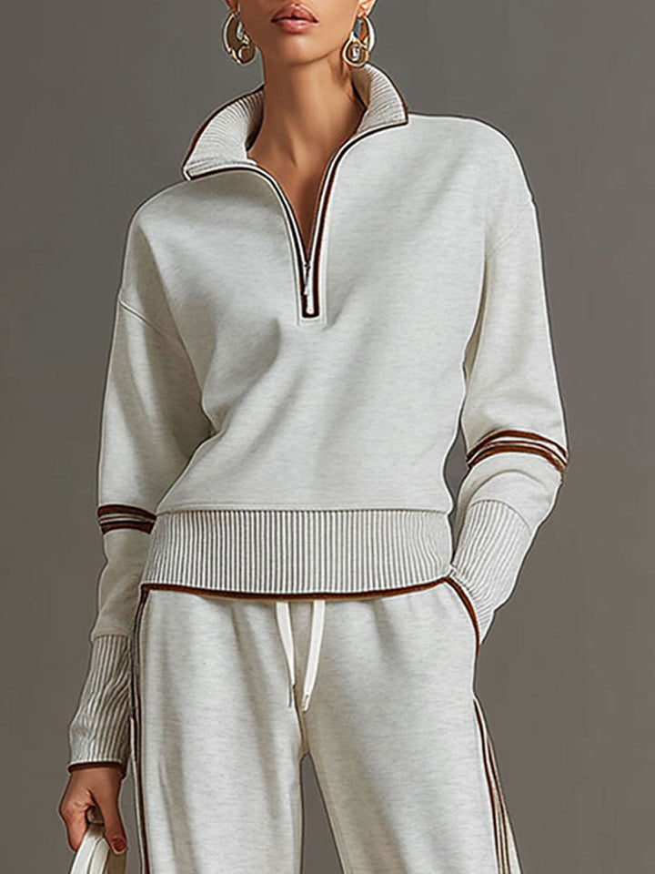 Vintage-Inspired Grey and White Half-Zip Sweatshirt with Wide-Leg Trousers Set